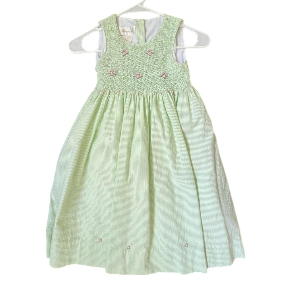 Vintage Strausburg Smocked Dress in Green Seersucker with Pink Roses - 5